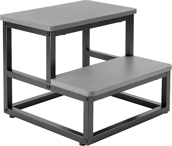 2 Step Stools for Adults Kids, Non-Slip, Heavy Duty, 200 kg Capacity, Grey | Rounded Edges, Metal Wooden, for High Bed, Kitchen, Bathroom, Garden Outdoor Step, Waterproof, RV, Caravan Step, Footstool