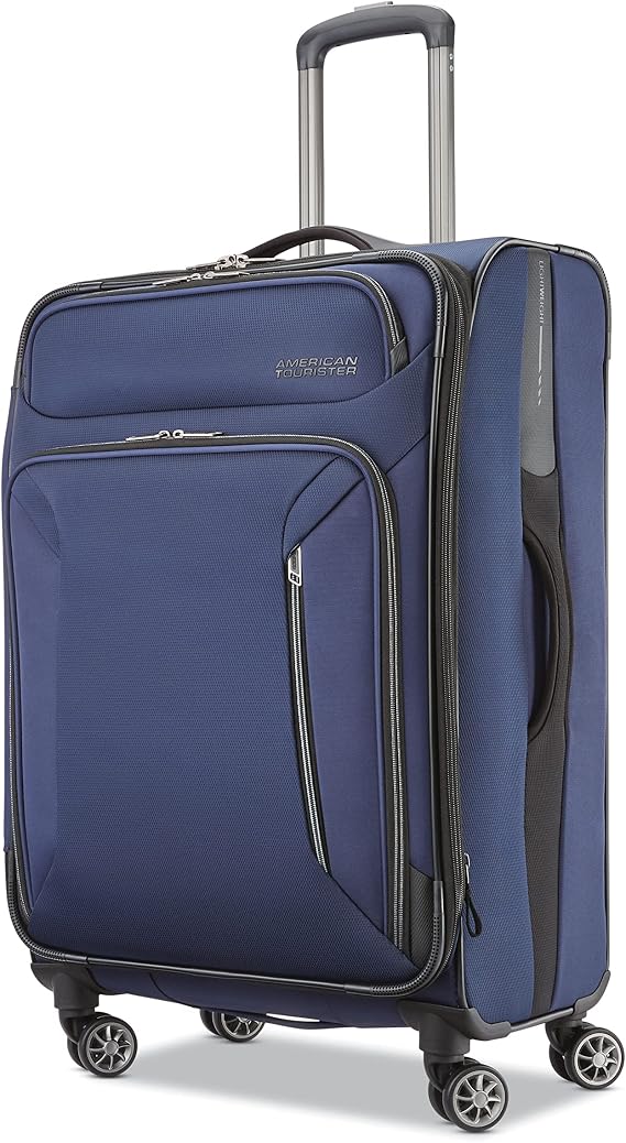 AMERICAN TOURISTER Zoom Soft Side Luggage with Spinner Wheel, Navy, Checked-Medium 25-Inch, Zoom Soft Side Luggage with Spinner Wheel