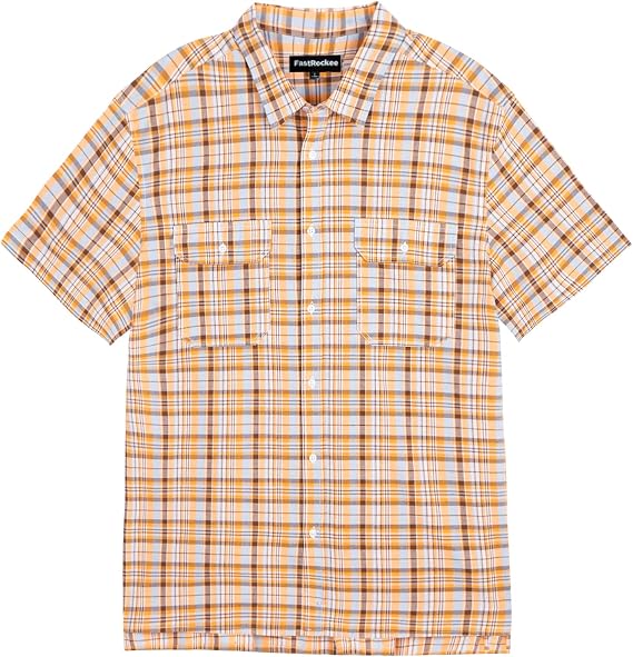 Men's Short Sleeve Button Down Plaid Shirts with Pockets