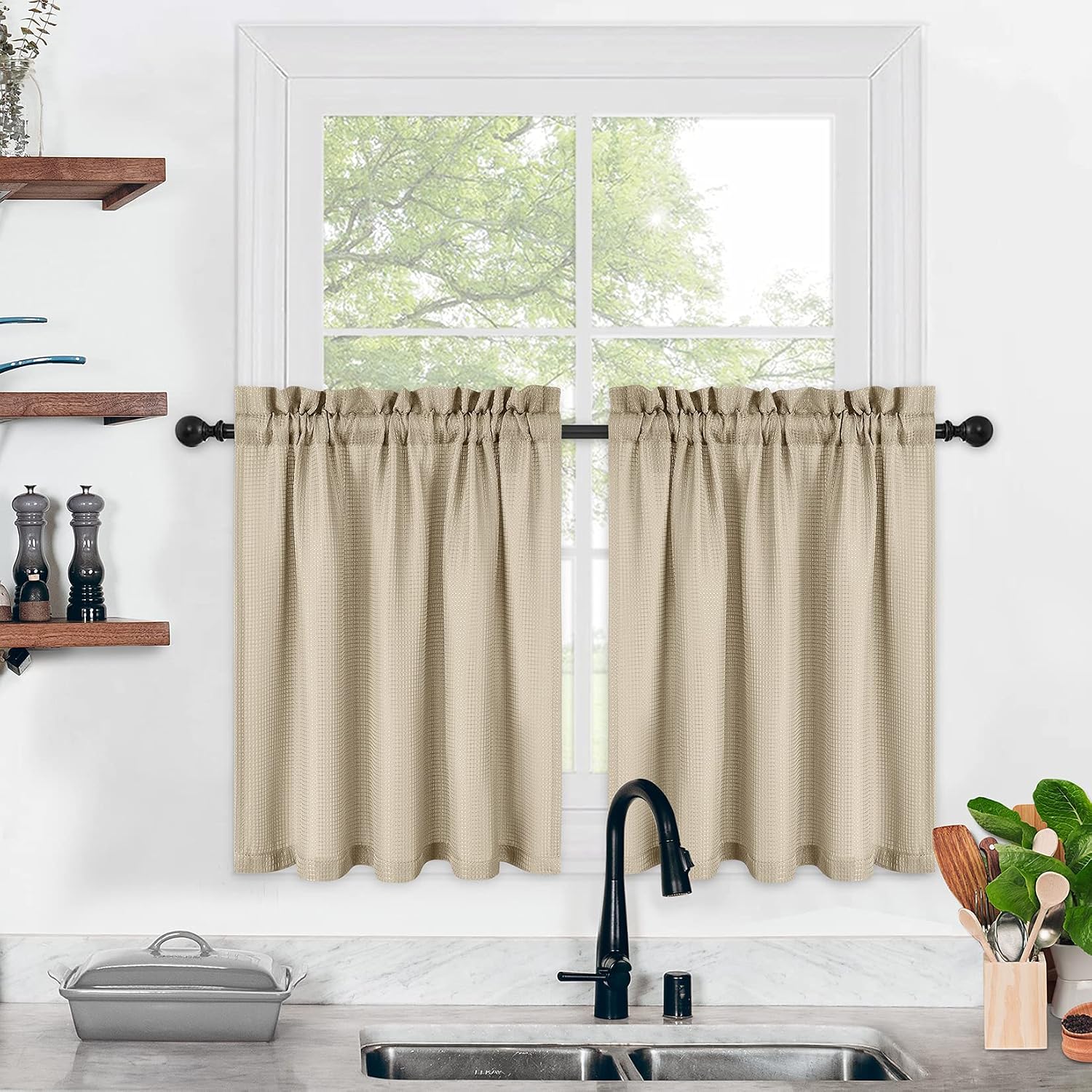 IDEALHOUSE Plaza Taupe Tier Curtains,Waffle Woven Textured Short Window Curtain for Cafe,Bathroom,Kitchen & Kids Bedroom Rod Pocket Curtains 2 Panels, 30Inch Wide by 36Inch Long