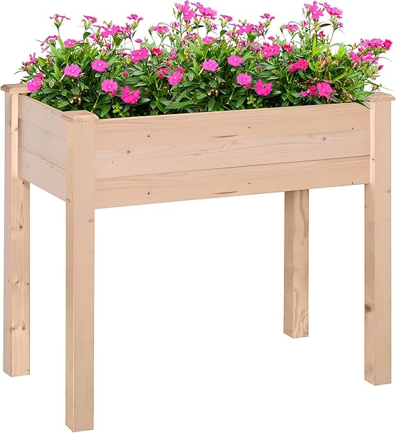 Raised Garden Bed with Legs, 34" x 18" x 30", Elevated Wooden Planter Box, Self Draining with Bed Liner for Vegetables, Herbs, and Flowers Backyard, Patio, Balcony Use, Natural