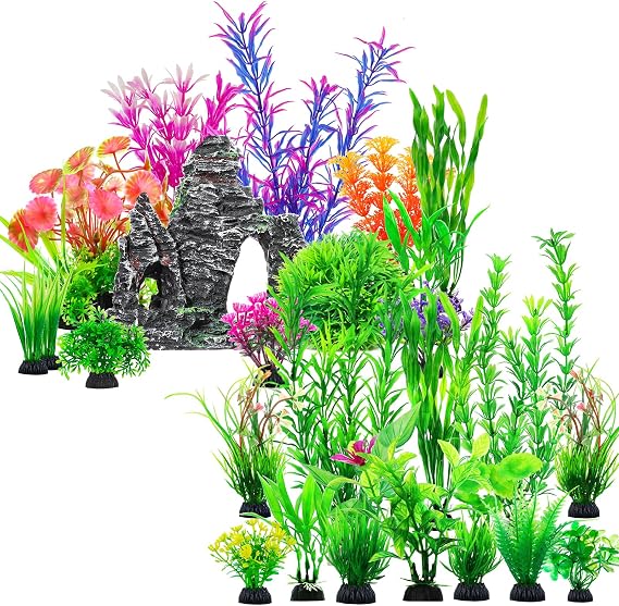 CousDUoBe 13Pcs Aquarium Plants Cave Rock Decor Set& Fish Tank Artificial PlasticPlants,12pcs Fish Tank Accessories Aquarium Decorations Green Plants