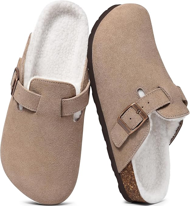 KIDMI Genuine Suede Winter Clogs for Women, Faux Fur Lined Cork Footbed