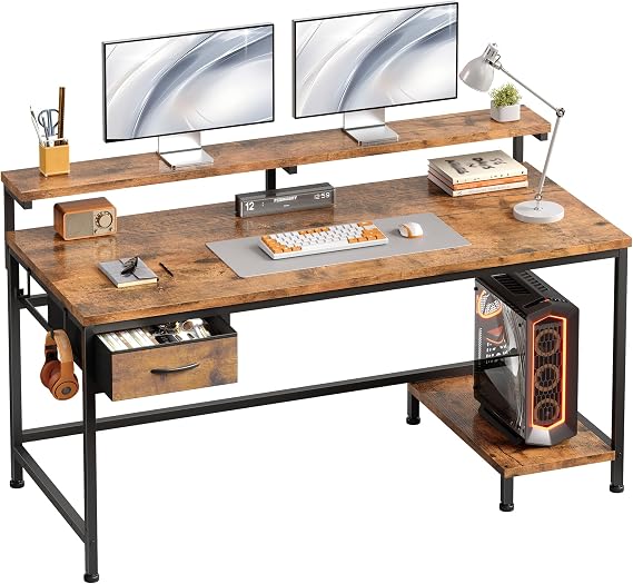 120cm Computer Desk with Drawers, Space Saving, Rustic Brown