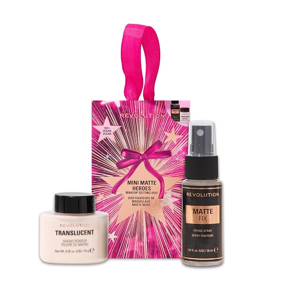 Revolution Mini Matte Hero's Makeup Setting Duo, Translucent Loose Baking Powder & Matte Fixing Spray Minis, Travel-Size, Vegan & Cruelty-Free