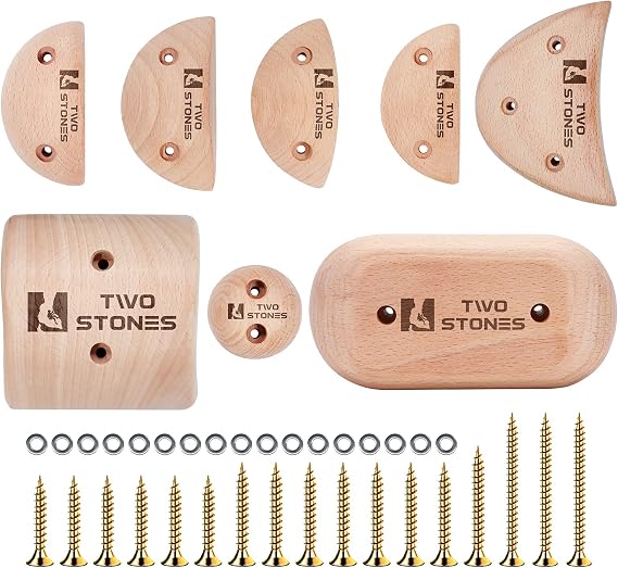 TWO STONES Wooden Rock Climbing Holds Kids and Adults | Wood Rock Wall Climbing Holds Kids and Gyms | Variety Screw On Climbing Hand Holds Set with Mounting Hardware