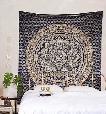 Bless International Indian Traditional Mandala Hippie Wall Hanging, Cotton Tapestry Ombre Bohemian Bedspread Poster 30x40 Inches76x101 Cms, Blue Gold