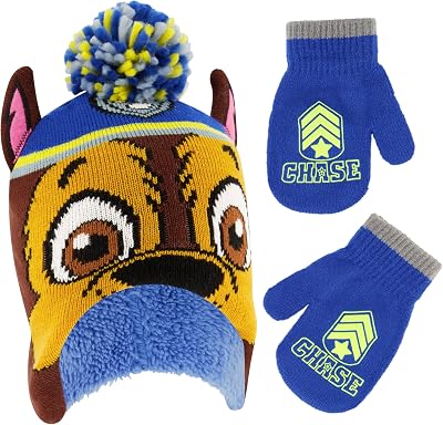 Nickelodeon Boys Winter Hat and Mittens Set, Paw Patrol Chase Marshall Toddler Beanie for Ages 2-4