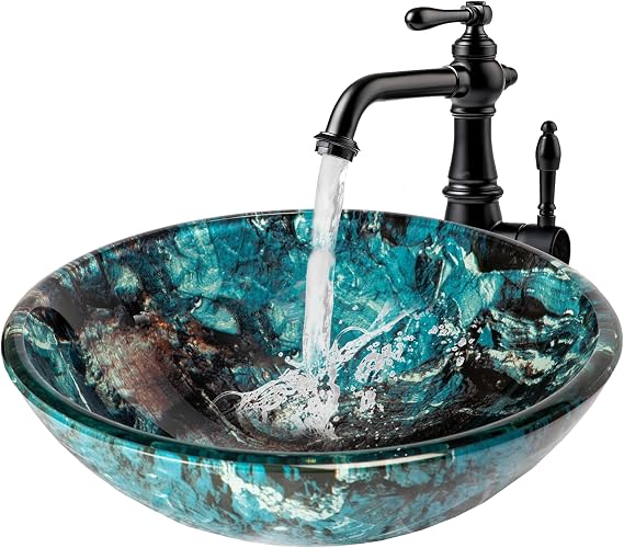 Eden Bath Cliffside Multi-Colored Pattern Round Glass Sink Bowl Bathroom Vessel Sink for Vanity Top