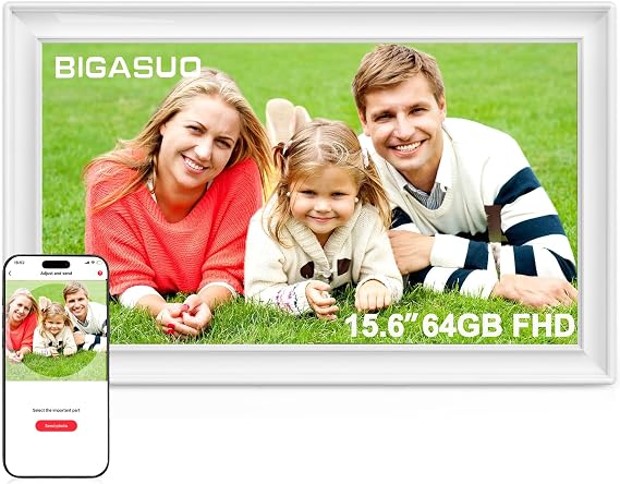 64GB 15.6" Frameo Digital Photo Frame WiFi Classic White - 1920 * 1080P FHD IPS Touch Screen Large Electronic Picture Frames, Auto Rotate, Wall Mountable, Sharing Photos and Videos