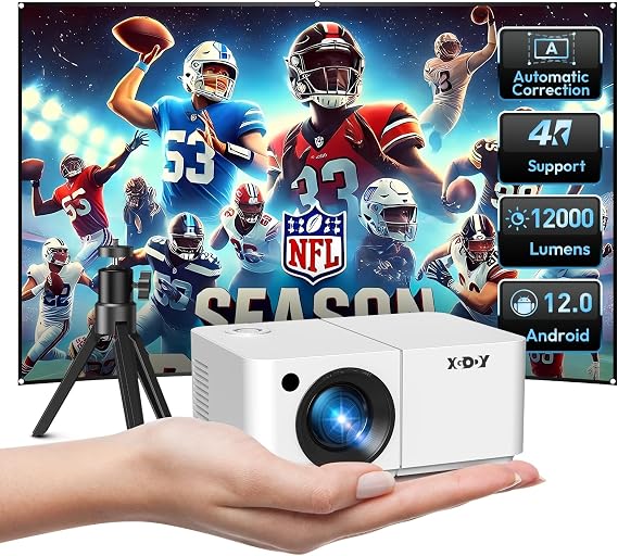 Mini Smart Projector, XGODY X2 Android 12 Portable HD Projector 9000L 1080P Support with WiFi and Bluetooth, Electric Focus/Keystone, Built-in Netflix, YouTube 8000+ APPs, Tripod Included
