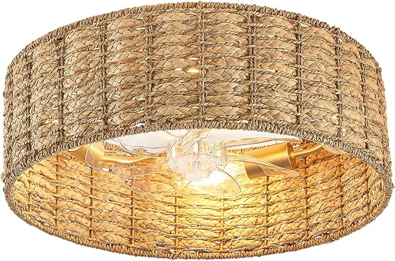 Boho Ceiling Fans with Lights Enclosed Rattan Fandelier with Lights and Remote Low Profile Flush Mount Wicker Caged Ceiling Fan for Bedroom,Kitchen,Living Room