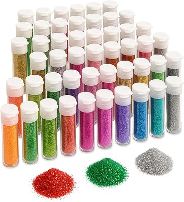 Extra Fine Glitter Set of 60 Vibrant Colors | Color Powder in Shaker Jars 0.32oz9g | Crafts Glitter Kit Glows Under UV Light | Use for Crafting Projects, Resin, Scrapbookng, Christmas Stockings