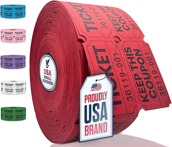 PM Company 2000 Pcs (1000 Pairs) Raffle Tickets Double Roll, 50/50 Red