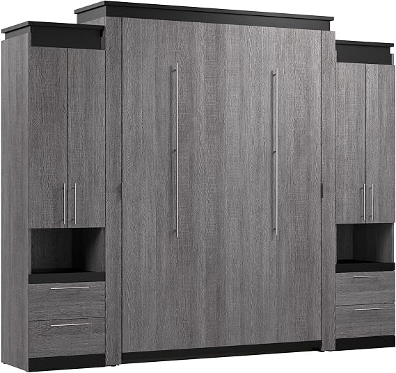 Bestar Queen Murphy Bed with Storage Cabinet, Bark Grey, Orion, 106W | Storage Cabinets and Pull-Out Shelf; dual piston mechanism; for guest room or multipurpose space