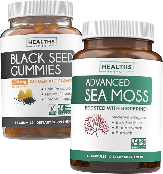 Black Seed Oil Gummies & Sea Moss (1-Month Supply) - Mineral-Rich Duo - Black Seed Oil Gummies Ginger Ale Flavor Cold-Pressed Nigella Sativa & Advanced Organic Irish Sea Moss with BioPerine (60 Caps)
