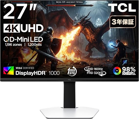 TCL Quantum Dot Mini LED Monitor 27 Inch 27R73Q WQHD 240Hz HVA Panel 1ms Non-Glossy HDR 1400 HDMI 2.1 DP Vertical and Horizontal Rotation Height Adjustment FreeSync VESA-Mounted Blue Light Reduction