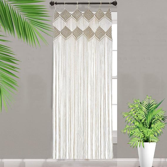 Macrame Curtains with Wooden Rings Room Divider Handmade Bohemian Window Panel for Bedroom/Doorway/Slidding Door (One Piece, Beige, 31.5 x 82.6 Inch)
