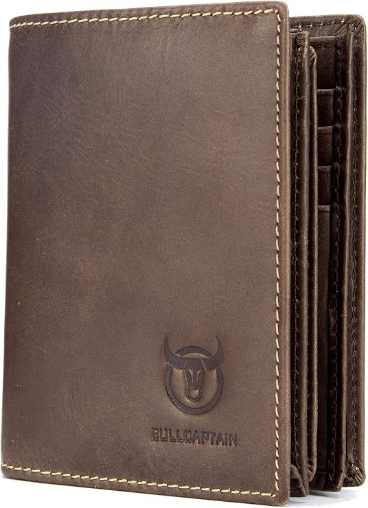 BULLCAPTAIN Genuine Leather Men Wallet Short Design Bifold Wallets Credit Card Holder for Mens (Brown)
