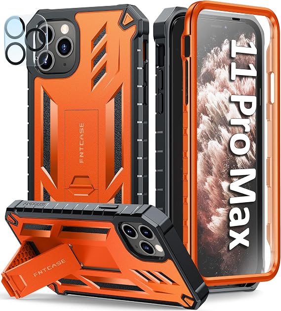 iPhone 11 Pro-Max用FNTCASE ケース:キックスタンド付き頑丈な耐衝撃保護ケース - ヘビーデューティーデュアルレイヤーミリタリーグレードの落下防止保護携帯電話カバーオレンジ
