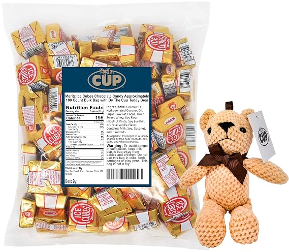 Moritz Ice Cubes Chocolate Candy Approximately 100 Count Bulk Bag with By The Cup Teddy Bear