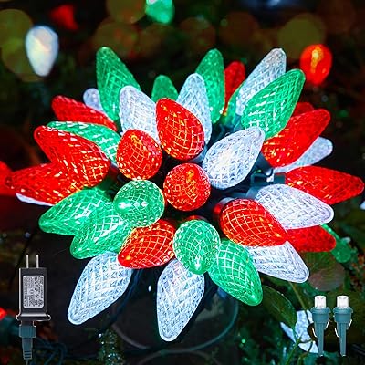 C9 LED Christmas Lights Outdoor, 81 Feet 100 LED String Lights with Timer & 8 Light Mode, Waterproof Connectable Christmas Tree Lights for Outside Indoor Roofline Patio Decor, Red, Green & Pure White