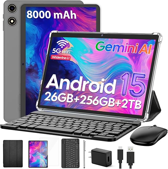 2026 Android 15 Tablet with Keyboard, 26GB+256GB+2TB Expand, 10 Inch 2 in 1 Tablet with Gemini AI, 8000mAh, 2.4G/5G WiFi, BT5.0, Widevine L1, Tablets Pc with Case, Mouse, Stylus (Black Case)