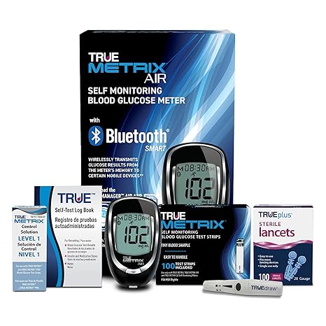 TRUE METRIX AIR Meter Kit, Glucose Monitor, Supplies, Log Book, Solution | Bluetooth Compatible Blood Glucose Meter, Case, 100 Test Strips, 100 Lancets, Lancing Device, Control Solution, Log Book