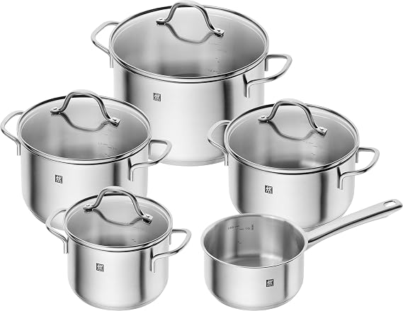 ZWILLING Flow 5-Piece Cookware Set with Glass Lid, Induction Safe, Uncoated, Stainless Steel, Silver