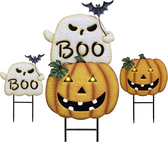 TERESA'S COLLECTIONS Outdoor Halloween Decor Ghost Pumpkin Yard Stake