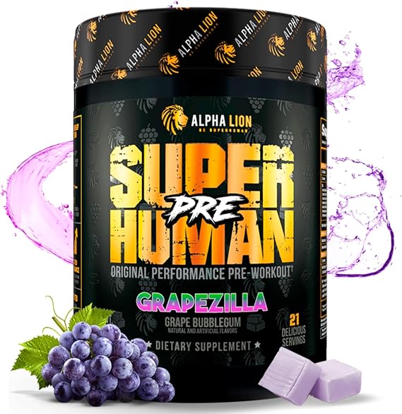 ALPHA LION Superhuman Pre Workout Powder, Beta Alanine, L-Taurine & Tri-Source Caffeine for Sustained Energy & Focus, Nitric Oxide & Citrulline for Pump (21 Servings, Grapezilla)