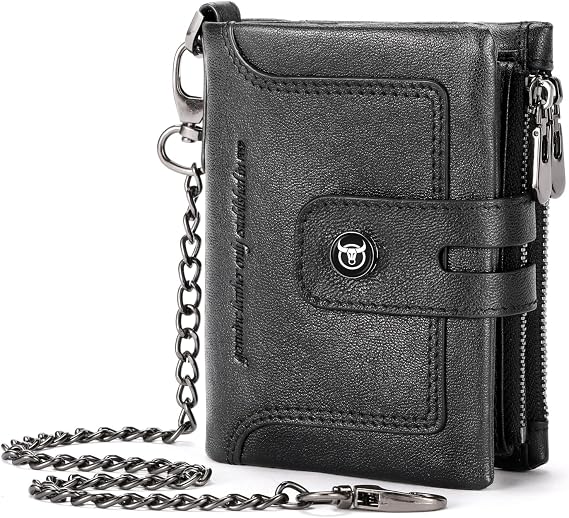 BULLCAPTAIN Bifold Mens Wallet with Chain Genuine Leather RFID Blocking Wallets Removable Zipper Coin Purse with ID Window (black)