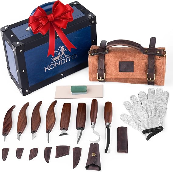 KONDITO Complete Wood Carving Kit Premium Carving Knives Set with 7Cr17 Steel Blades, Safety Gloves, Honing Strop, Roll Bag & Gift Storage Case Woodworking Tool Set for Adults & Beginners