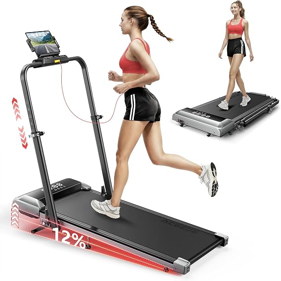 Acezoe Walking Pad with 12% Incline & Height-Adjustable Handlebar, 5-in-1 Foldable Treadmill for Home & Office, Portable Under Desk Treadmill with LED Display & App Control