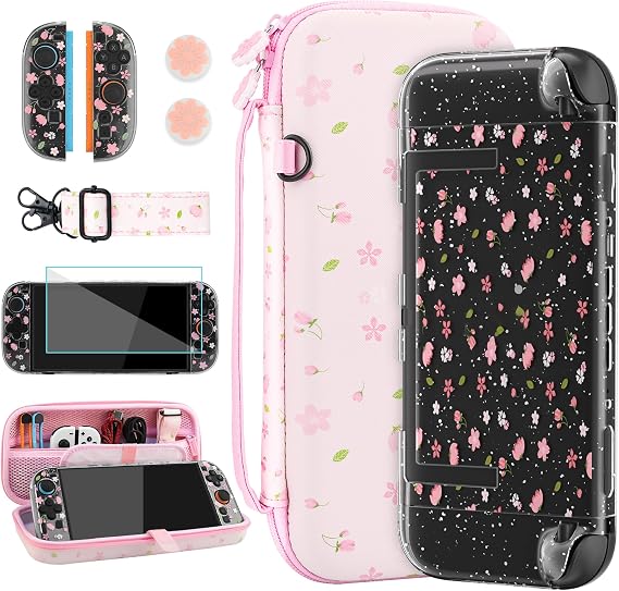 RHOTALL Pink Cherry Blossom Carrying Case for Nintendo Switch 2, Cute Cherry Protective Travel Case, Clear Glitter Flower Dockable Shell Cover for Switch 2, Screen Protector, Shoulder Strap, 2 Thumb