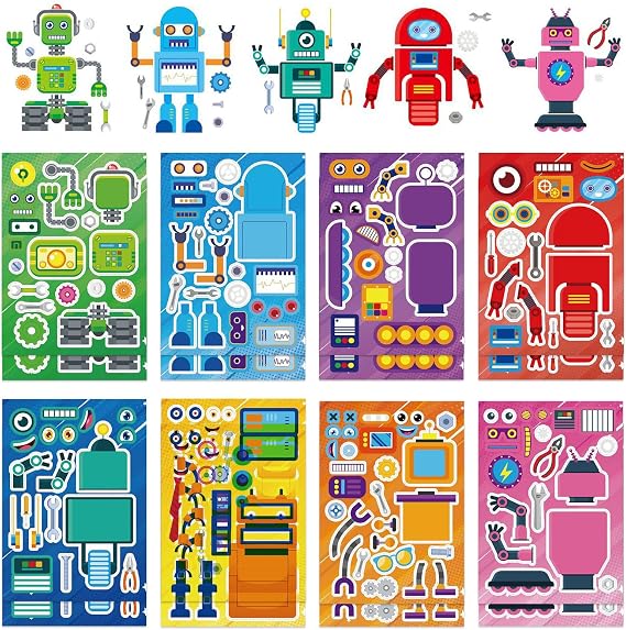 16 Sheets Robot DIY Make a Face Stickers, Personalized Stickers for Birthday Party Supplies
