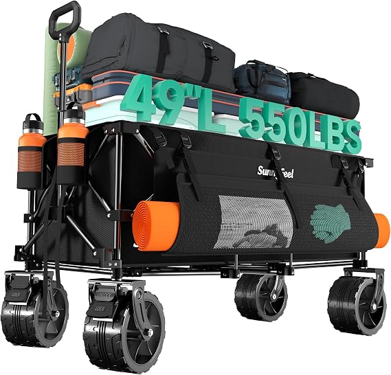 SUNNYFEEL 49" L Extended Wagon Cart Foldable - 550LBS Heavy Duty