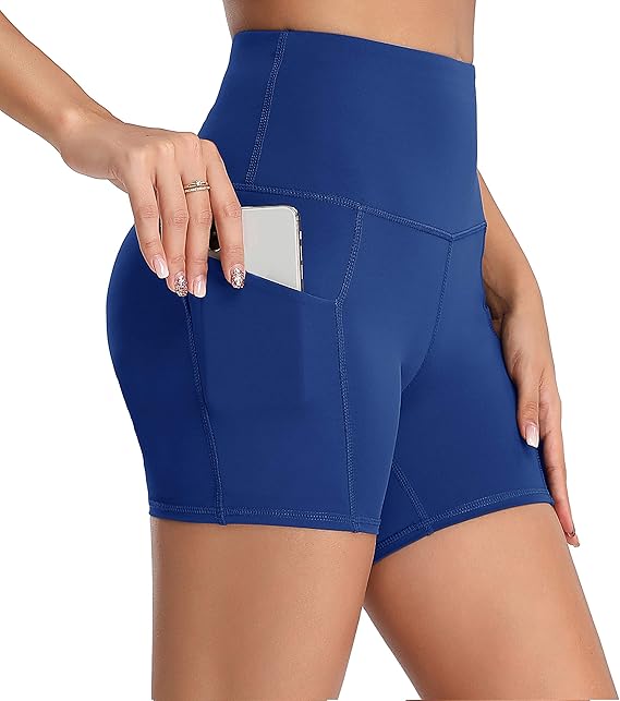 Oalka Women's Short Yoga Side Pockets High Waist Workout Running Sports Shorts 4"