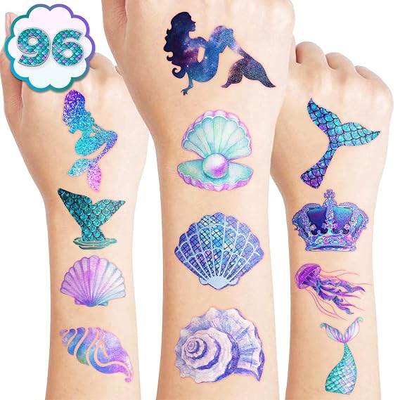96PCS Mermaid Pre-Cut Temporary Tattoos for Kids, Cute Under the Sea Party