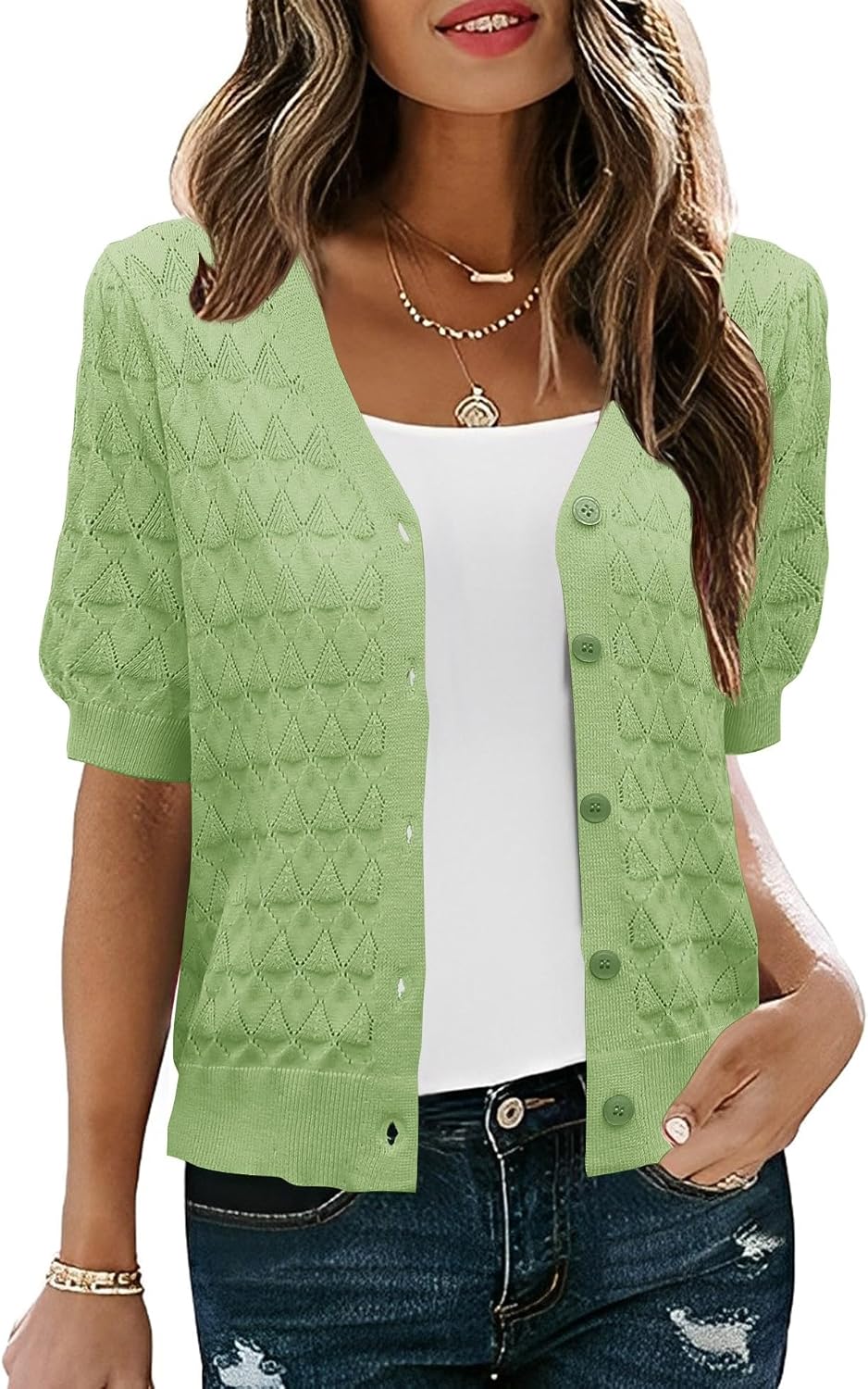 IECCP Cardigan Sweaters for Women Short Sleeve Lightweight Open Front Crochet Knit Shrugs 2025 Womens Fashion