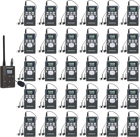 EXMAX EXG-108 Live Translator Device Wireless Microphone FM Radio Broadcast System for Social Distancing Tour Guide Teaching Meeting Training Church Parking Lot 1 Transmitter & 30 Receivers (Gray)
