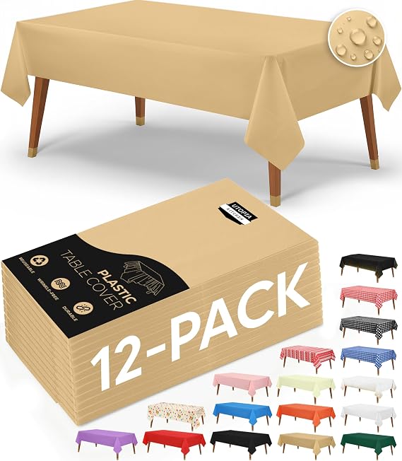 Utopia Kitchen Plastic Table Cloth Disposable (12 Pack - 54x108 Inch) Gold Rectangle Tablecloth Waterproof Stain Resistant Party Table Cover