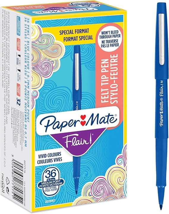 Paper Mate Flair Felt Tip Pens | Medium Point (0.7 mm) Writing Pens | Blue Pens | For Writing, Drawing & Sketching | 36 Count