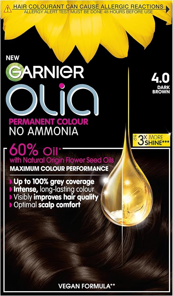 Garnier Olia 4.0 Dark Brown, oil-powered, no-ammonia. 100% grey coverage. Luminous, long-lasting, vibrant dark brown hair color with incredible shine and softness.