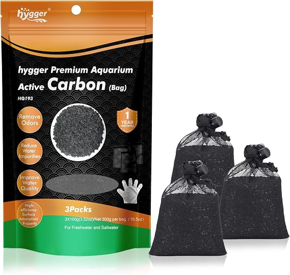 Hygger Aquarium Activated Carbon, Premium Natural Coconut Shell Activated Carbon for Freshwater and Saltwater, Aquarium Filter Media Water Purification Carbon 10 oz with Fine Mesh Bag