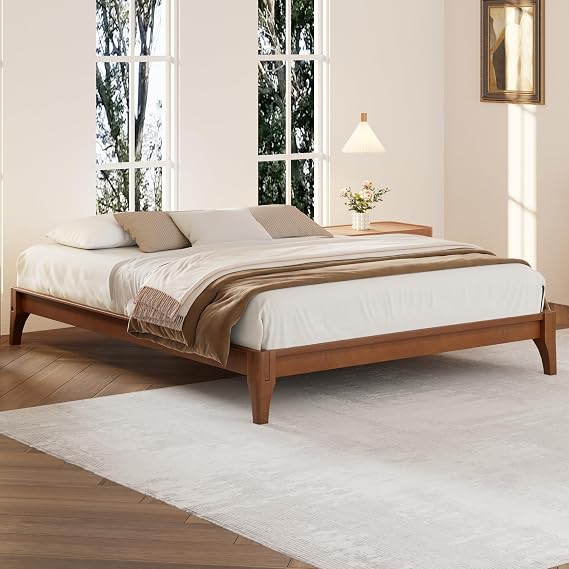 Wood Platform Bed, 12 Inch Solid Dry Bamboo Bed Frame, with Wood Slat Support, No Box Spring Needed, Easy Assembly, Queen Size, Brown