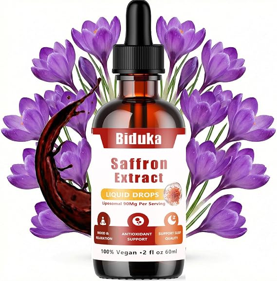 Liposomal Saffron Extract Drops, 90mg Organic Saffron with 0.3% Safranal, 60ml Vegan Gluten Free, No Alcohol No Sugar, 30 Servings, Liquid Drops
