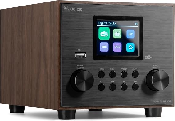 Audizio Vieste - DAB Radio mit Bluetooth 60 Watt Lautsprecher DAB Plus Radio mit USB Anschluss FM & UKW Weckerfunktion 20 Speicherplätze Auto-Suchlauf Holz Braun