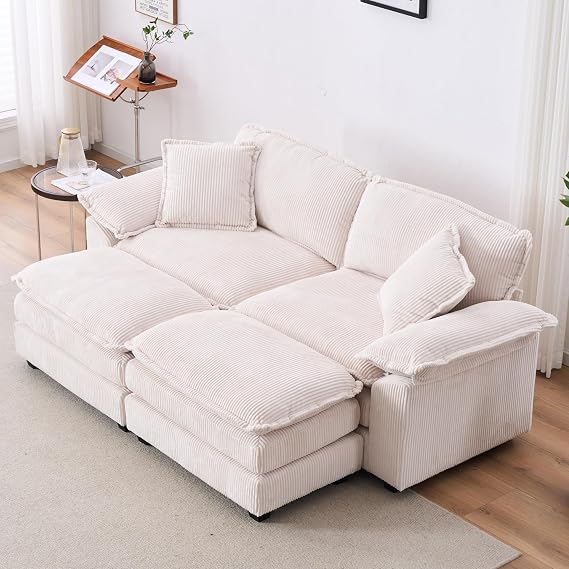 Deep Seat Sectional Cloud Couch with 2 Ottomans & Soft Pillows, Loveseat Modular Sofa with Side Pocket, Convertible 2 Seat Sofa for Living Room, Small Space, Corduroy Beige