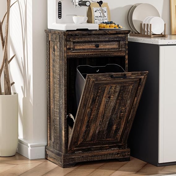Tilt Out Trash Can Cabinet, 13 Gallon Freestanding Kitchen Waste Bin, Wooden Recycling Cabinet with Hideaway Drawer, Hidden Trash Can for Kitchen Living Room (Rustic Brown)